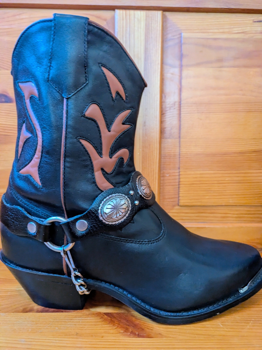 Code West Vintage Black and Brown Western Harness Heeled Ankle Boot